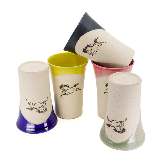 Set of 5 Partially Glazed Obori-Soma Lucky Horse Motif Tumblers