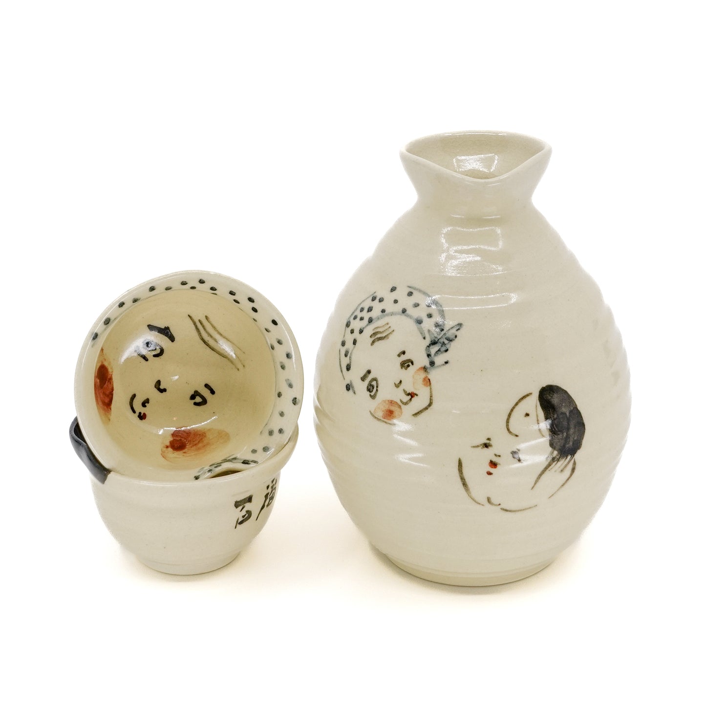 Otafuku-Hyottoko Sake Cup and Carafe Set