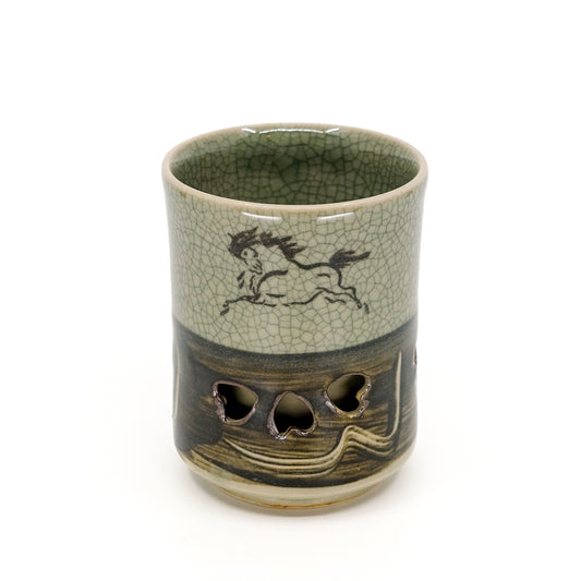 Double Walled Obori-Soma Yunomi Cup Lucky Horse Motif
