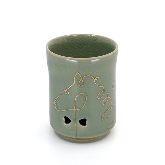 Double Walled Obori-Soma Yunomi Cup Golden Horse Line Art