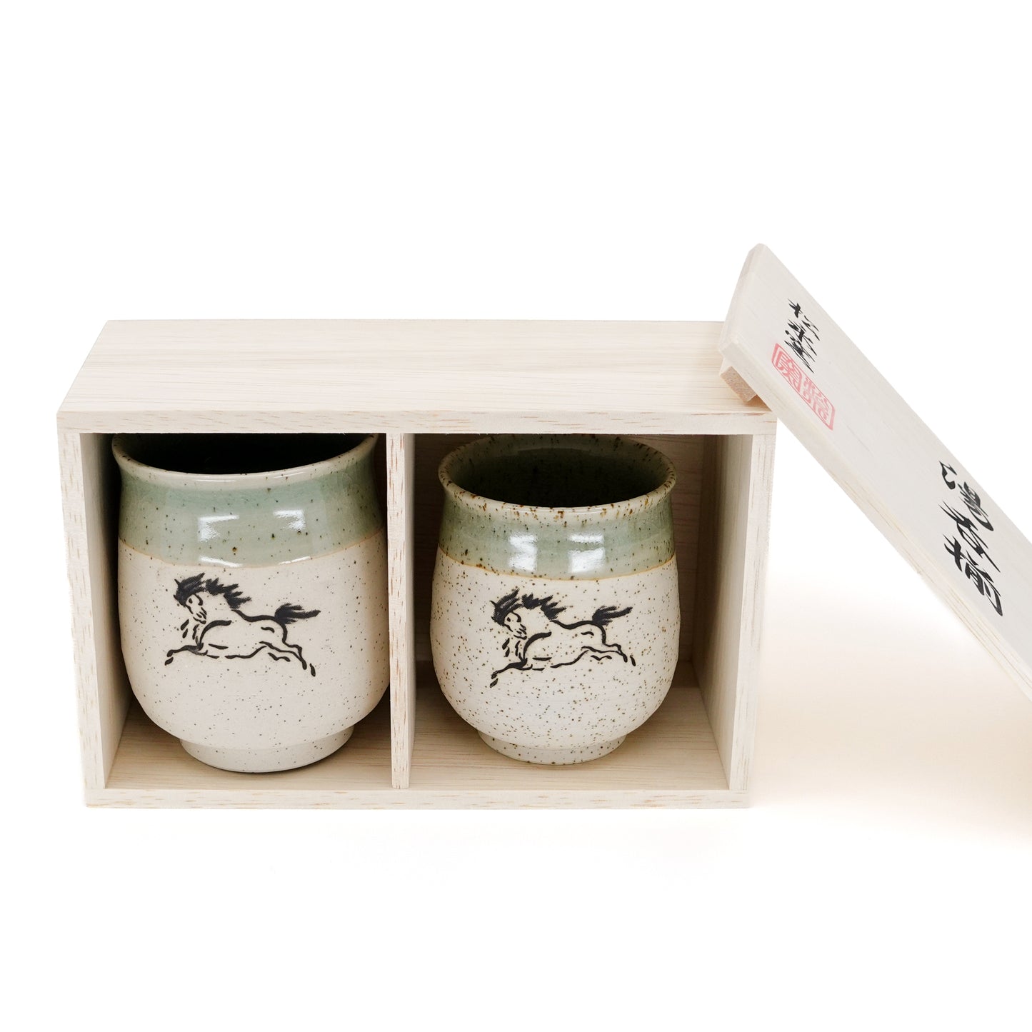Set of 2 Partially Glazed Obori-Soma Lucky Horse Motif Yunomi Cups in Paulownia Gift Box