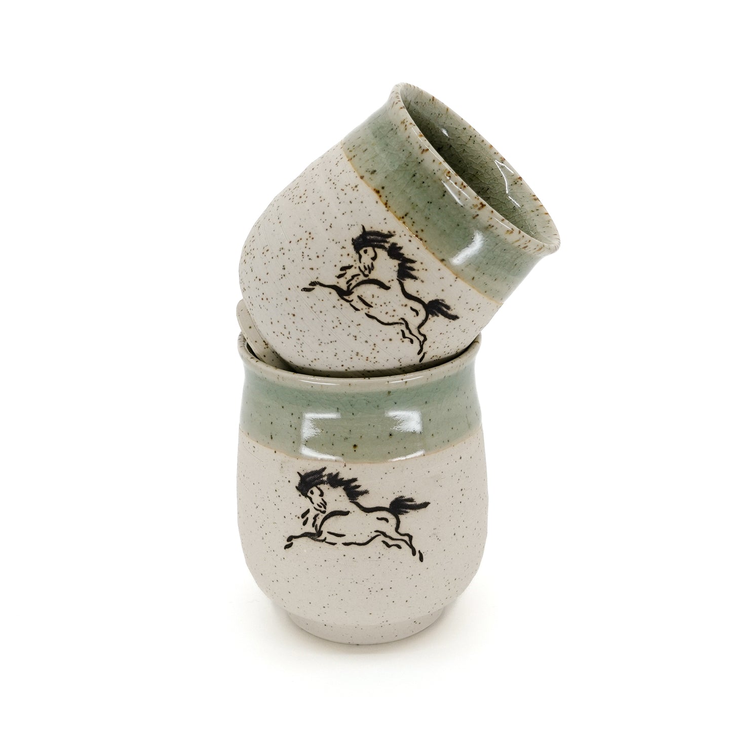 Set of 2 Partially Glazed Obori-Soma Lucky Horse Motif Yunomi Cups in Paulownia Gift Box