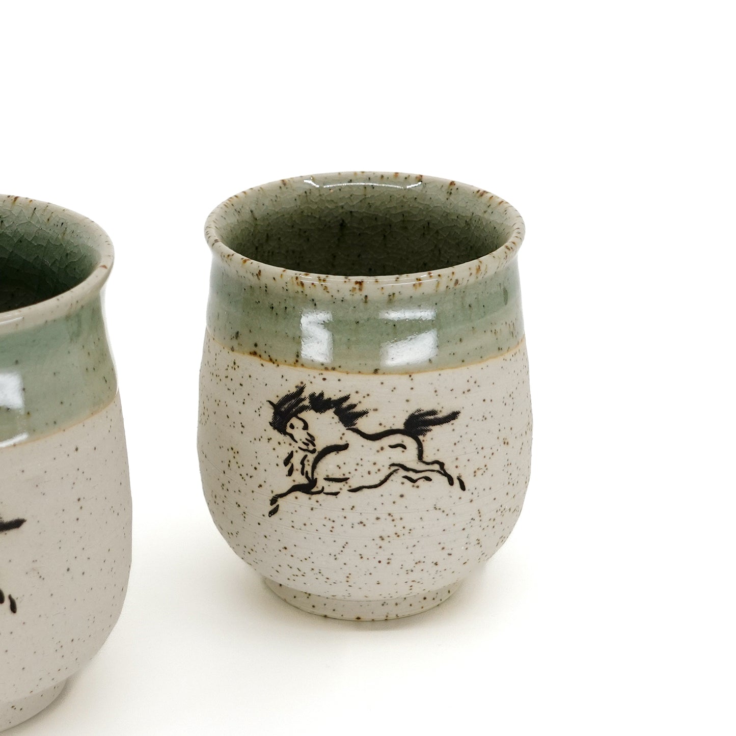 Set of 2 Partially Glazed Obori-Soma Lucky Horse Motif Yunomi Cups in Paulownia Gift Box