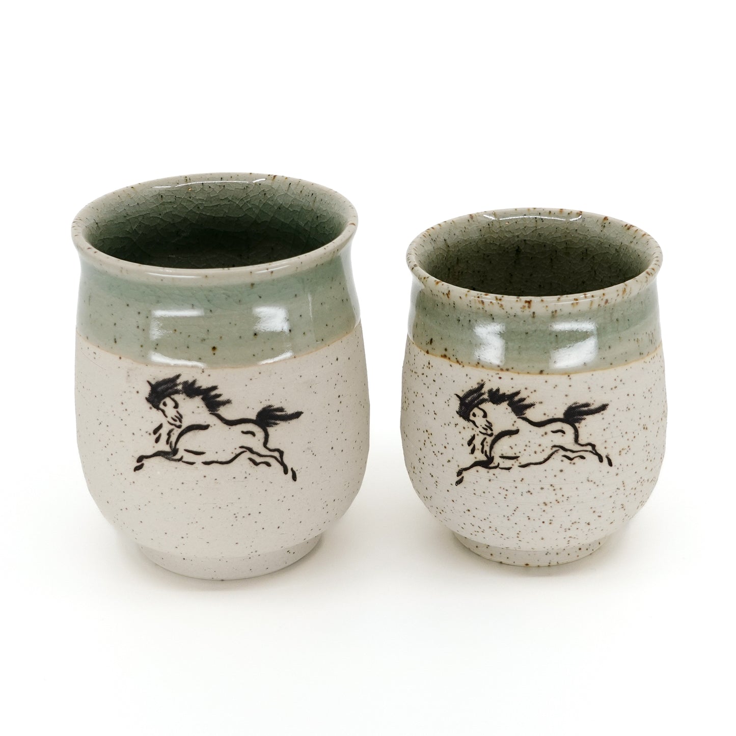 Set of 2 Partially Glazed Obori-Soma Lucky Horse Motif Yunomi Cups in Paulownia Gift Box