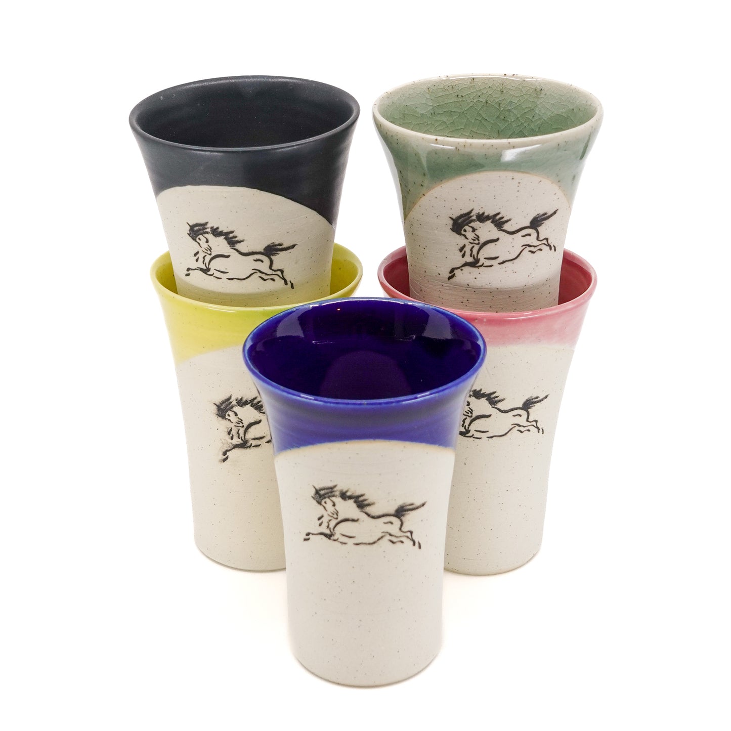 Set of 5 Partially Glazed Obori-Soma Lucky Horse Motif Tumblers