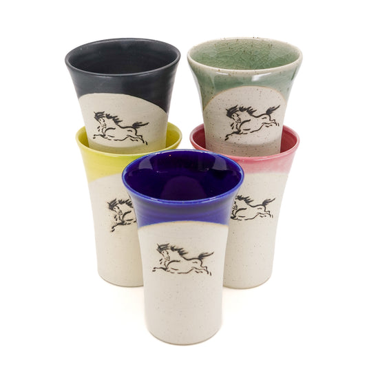 Set of 5 Partially Glazed Obori-Soma Lucky Horse Motif Tumblers