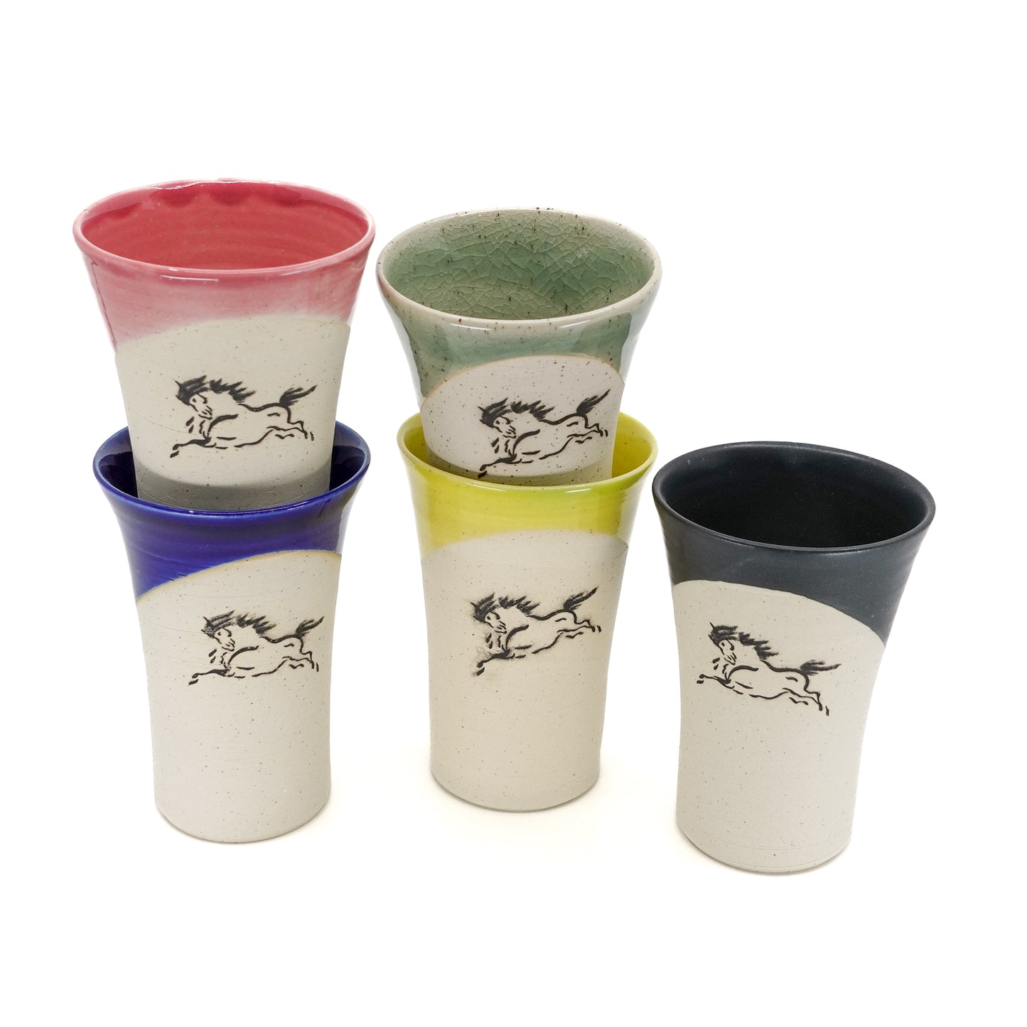 Set of 5 Partially Glazed Obori-Soma Lucky Horse Motif Tumblers