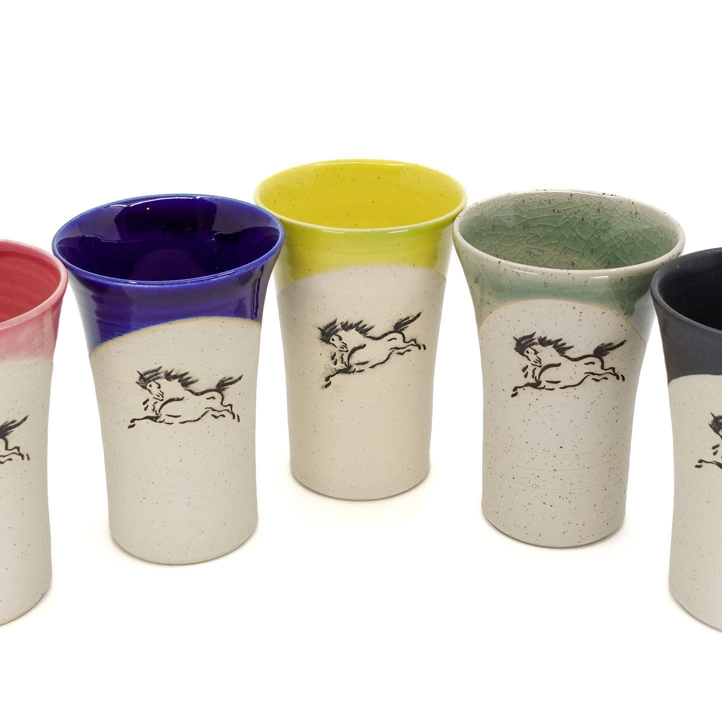 Set of 5 Partially Glazed Obori-Soma Lucky Horse Motif Tumblers