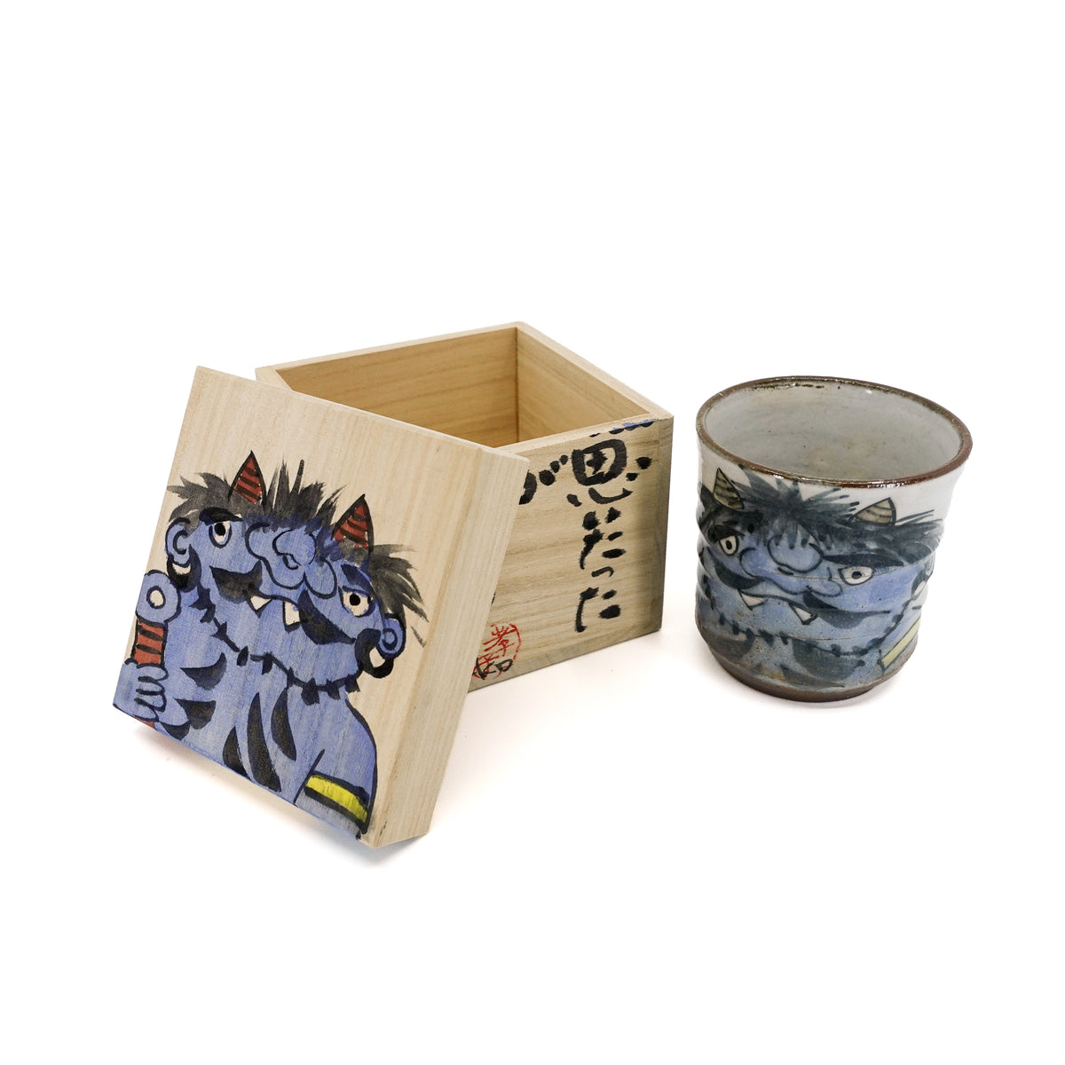Oni Yunomi Teacup with Matching Paulownia Box - Blue
