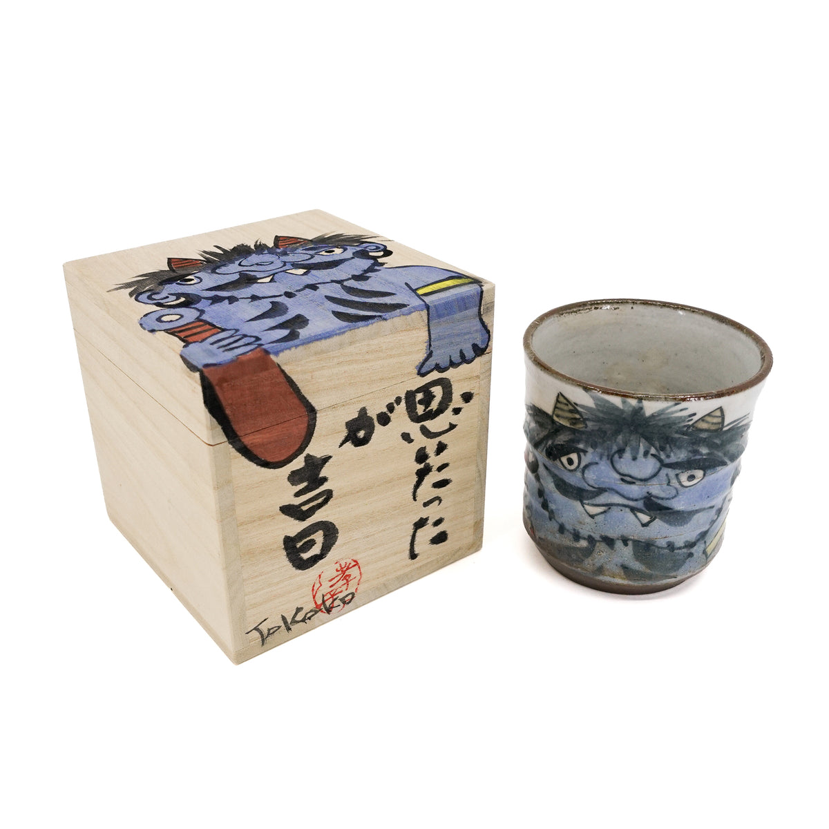 Oni Yunomi Teacup with Matching Paulownia Box - Blue