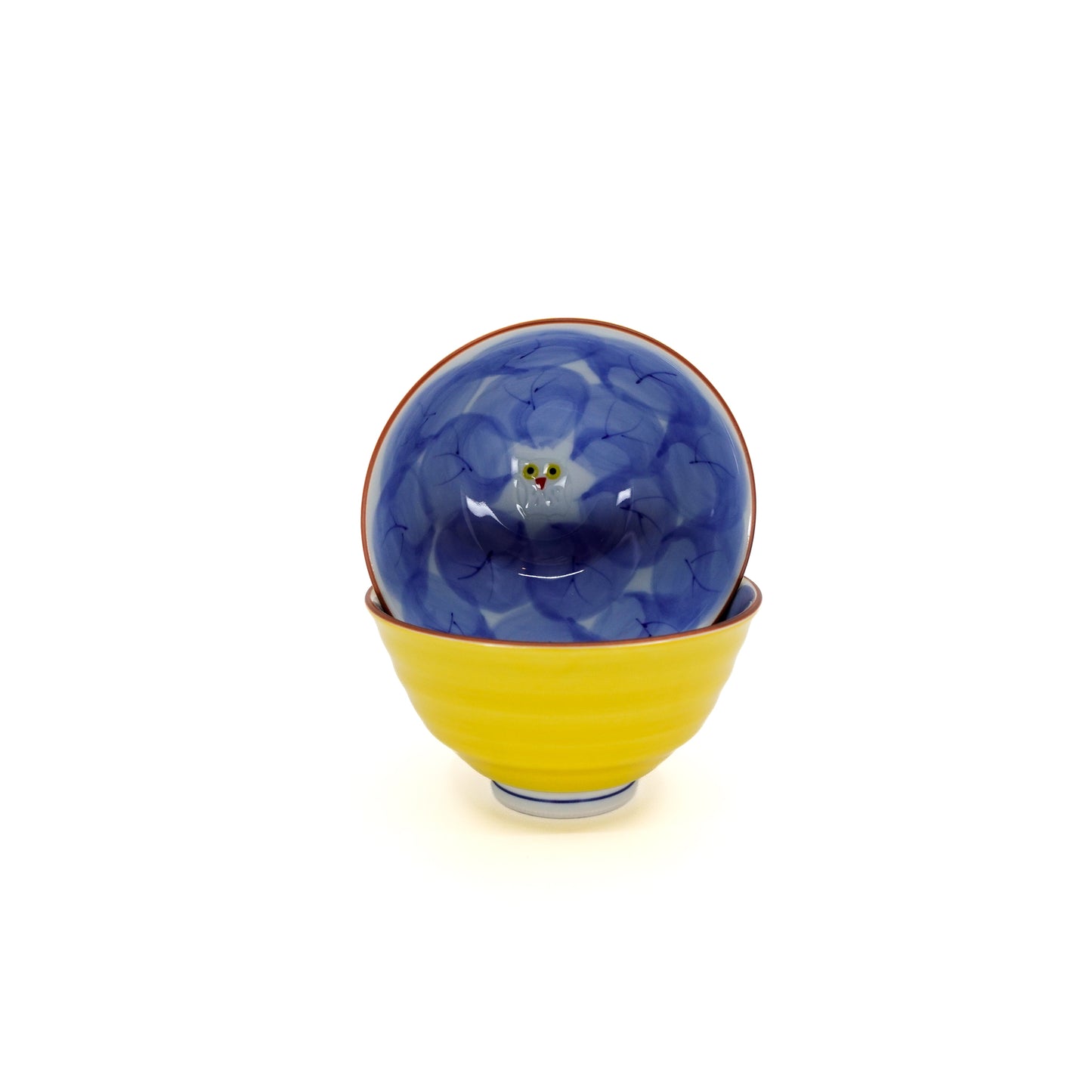 Owl Motif Yellow-Blue Rice Bowl