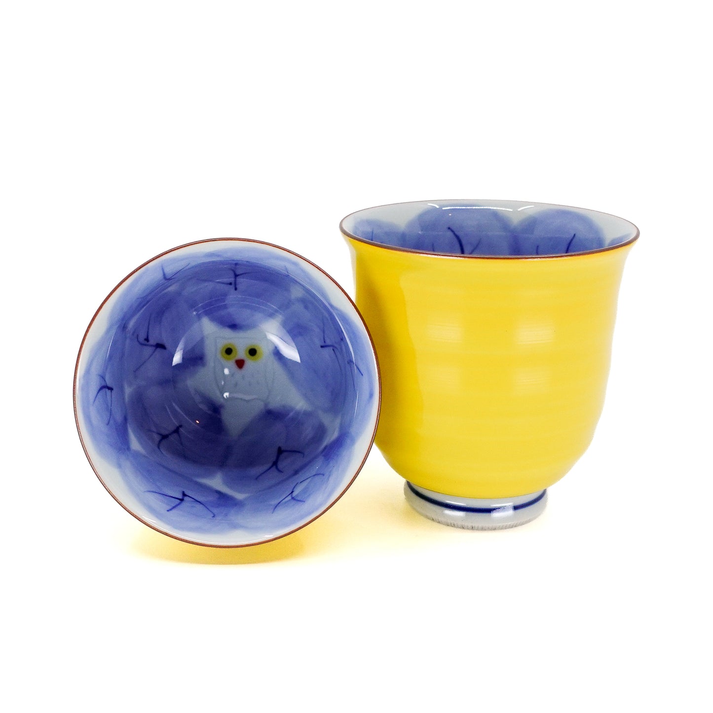 Owl Motif Yellow-Blue Yunomi Teacup